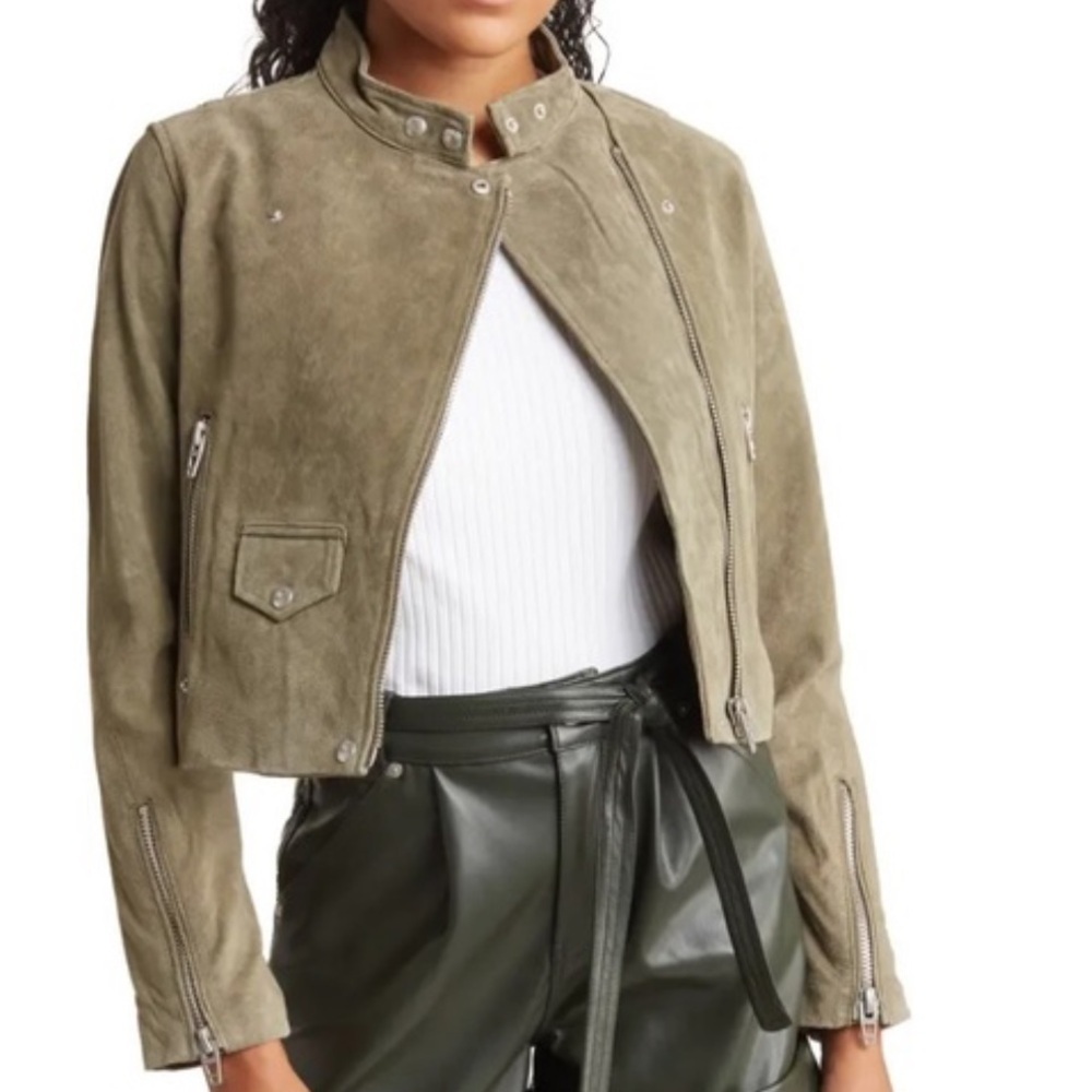 BLANK NYC Light Taupe Suede Bomber Biker Jacket with silver zippers Large